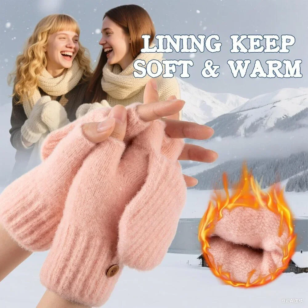 Women's Winter Warm Mittens Knitted Pink Gloves Fingerless Button Closure
